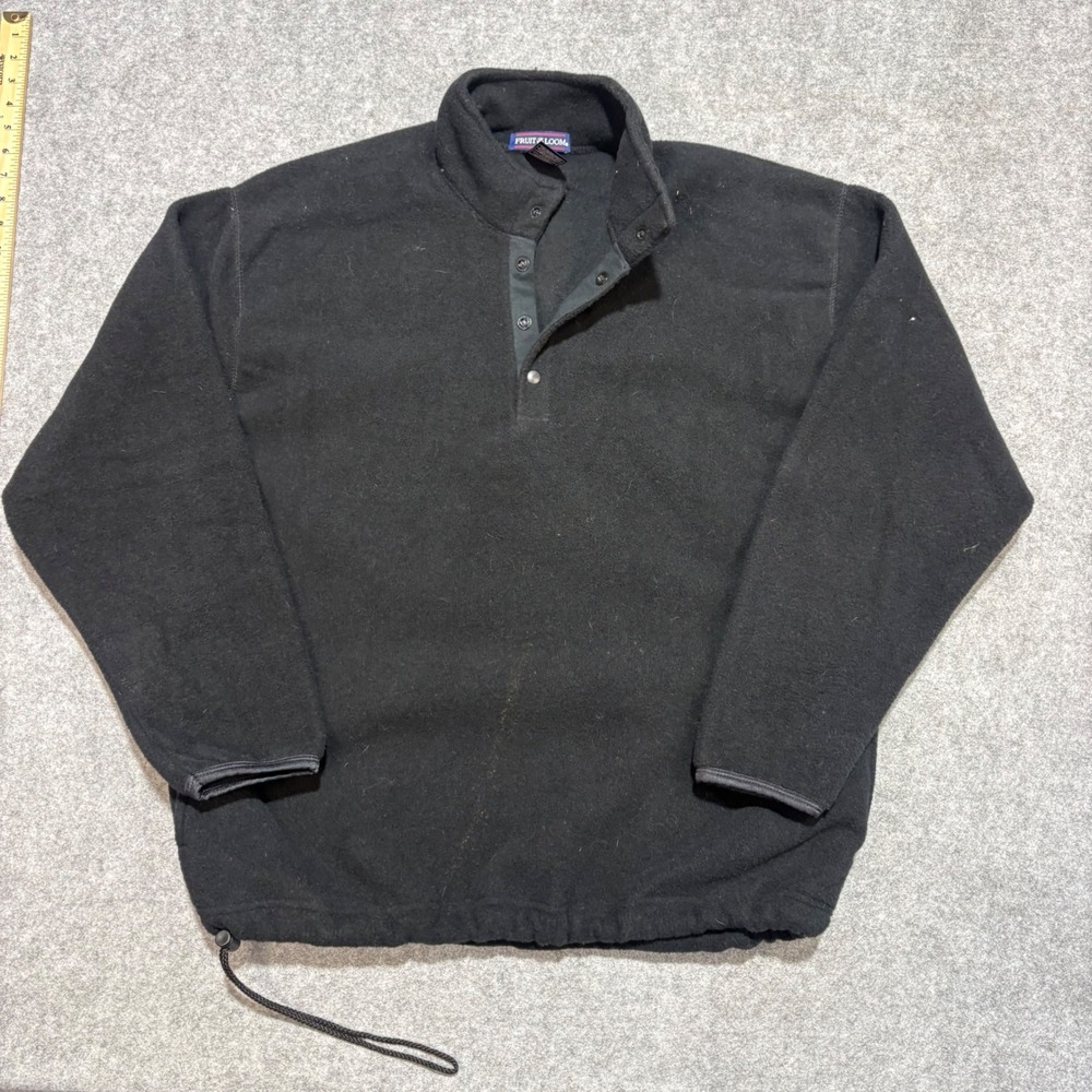 Fruit of the Loom Mens Fleece Pullover Black Snap Neck Drawstring Hem XL
